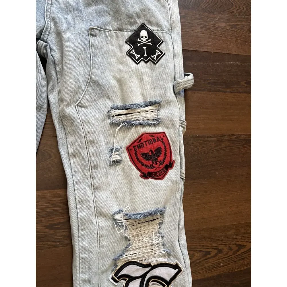 Mixed Emotion “Worker” Jeans Patchwork Graphic Light Wash Streetwear Denim 34/35